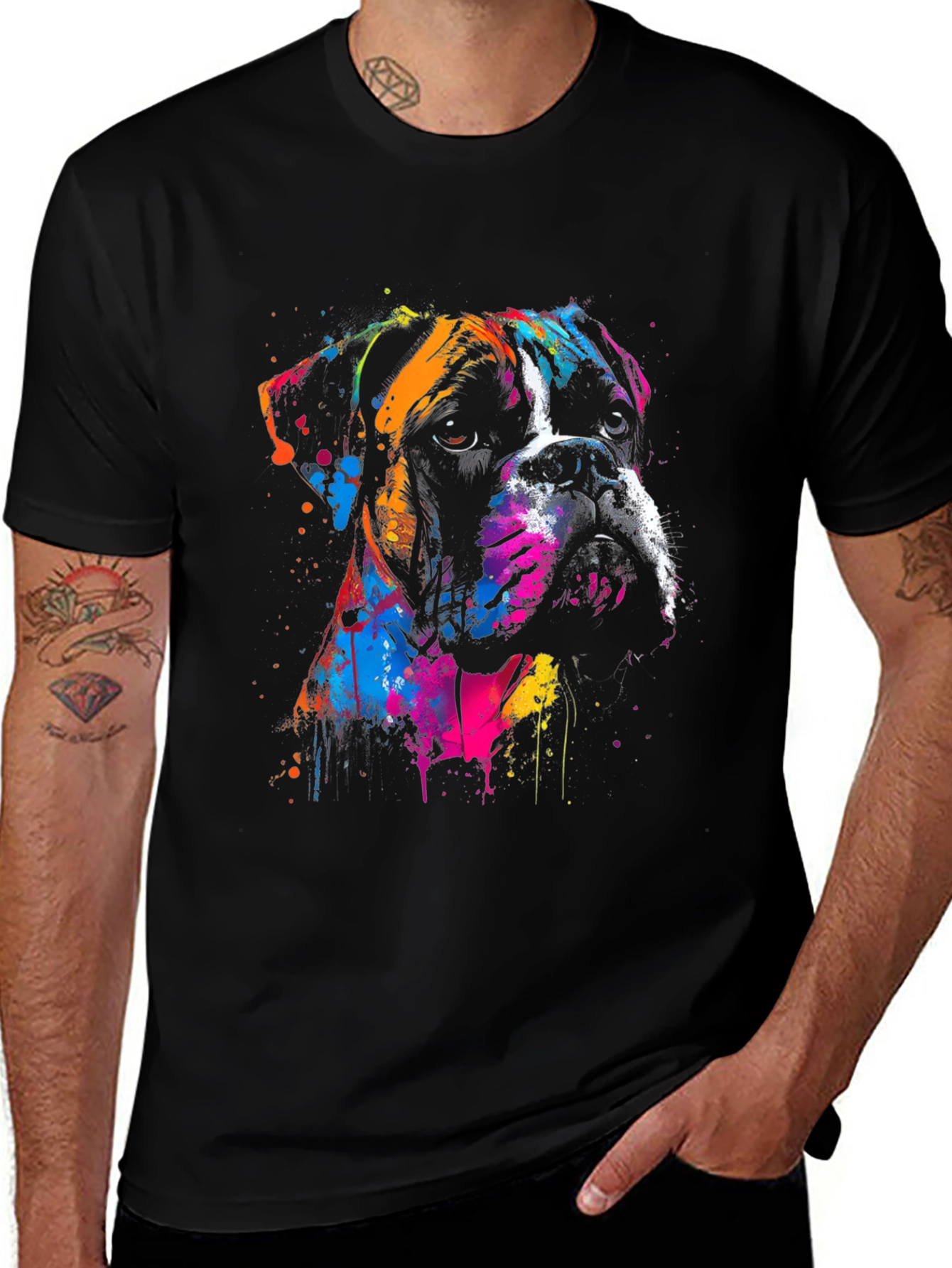 Boxer Dog Art Print Black T-Shirt