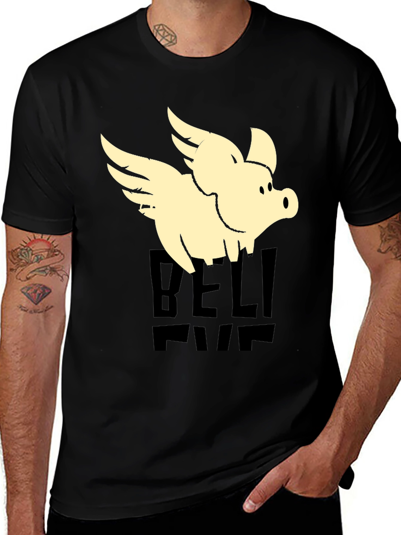 Flying Pig Graphic Tee - Believe It! Black Cotton T-Shirt
