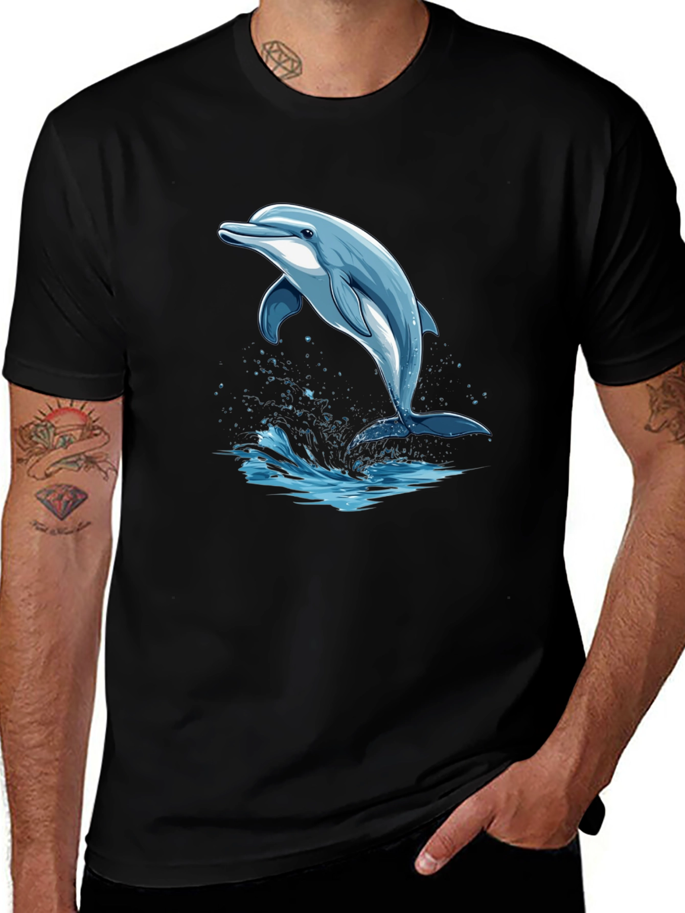 Variant 4 of Dolphin Splash Graphic Tee - Black Cotton T-Shirt