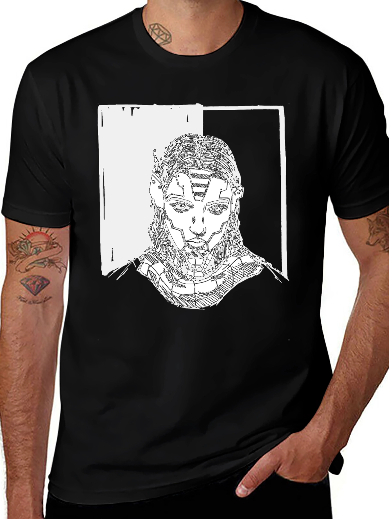 Variant 21 of Cyberpunk Portrait Graphic Tee - Black Cotton T-Shirt