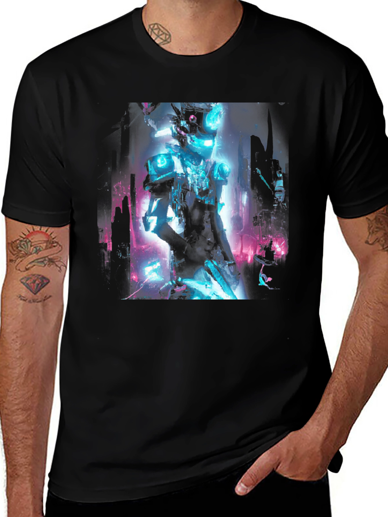 Variant 7 of Cyberpunk Robot Graphic Black T-Shirt
