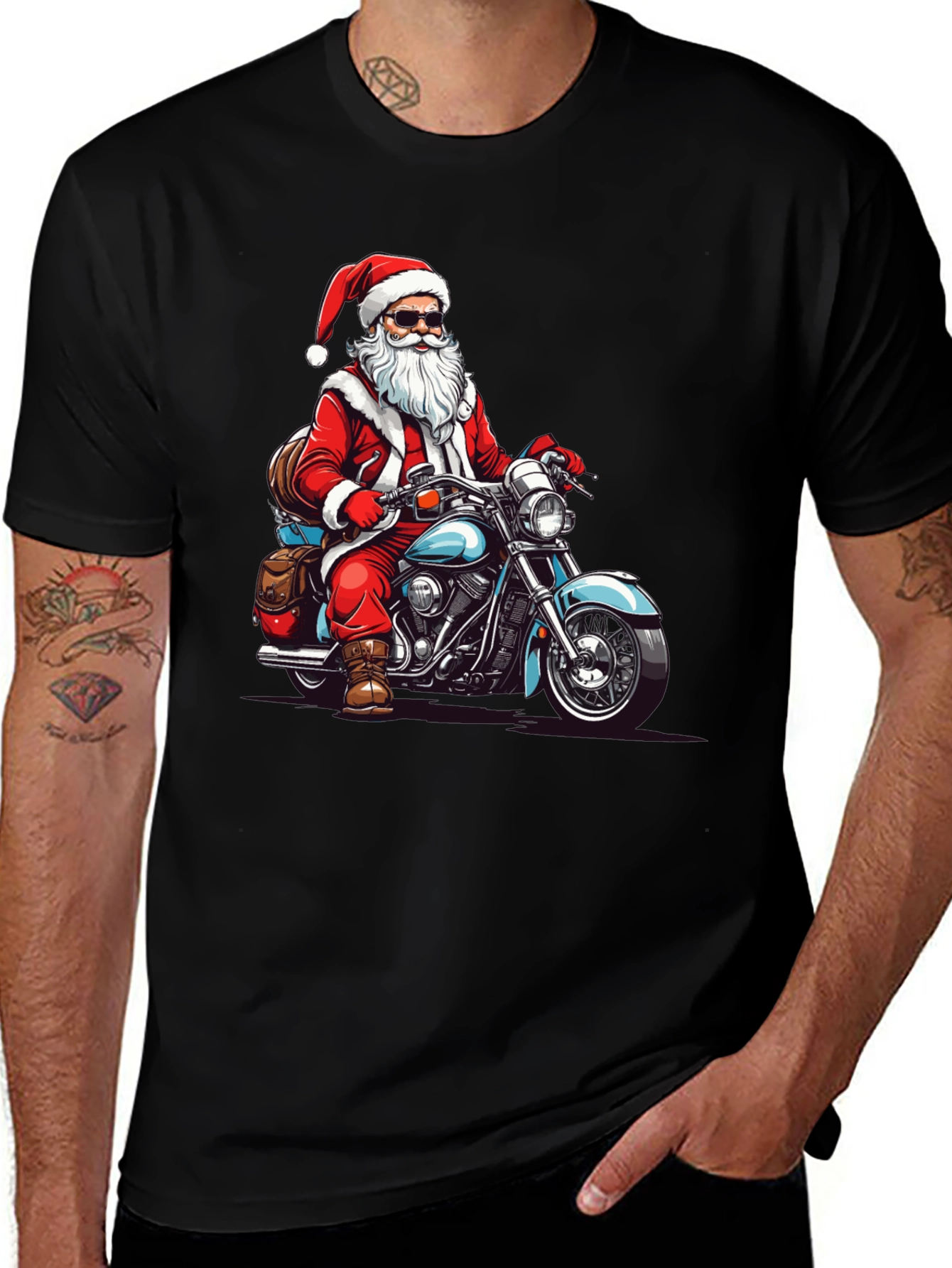 Santa Riding Motorcycle Black T-Shirt