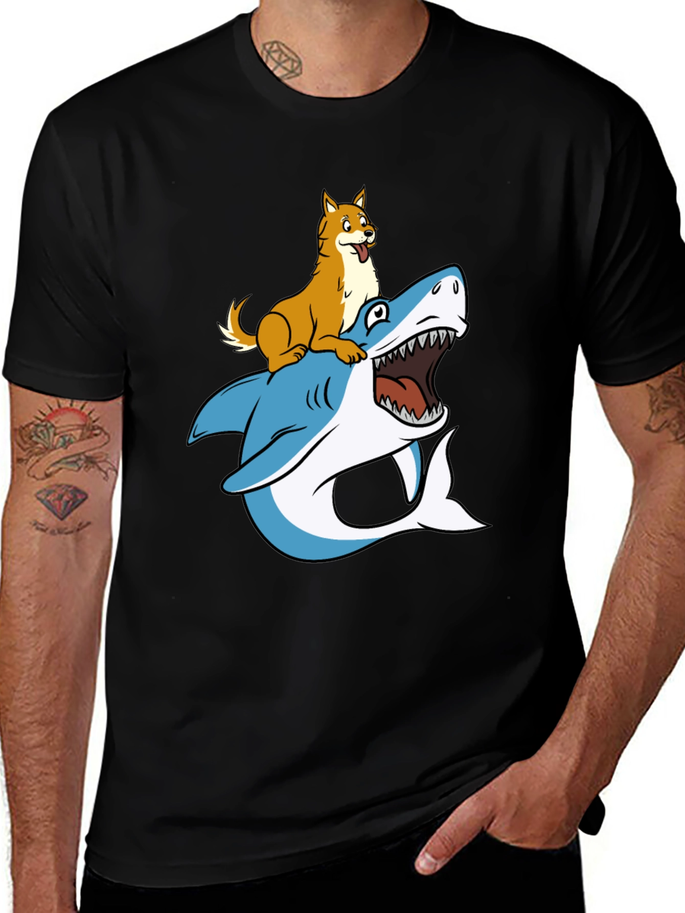 Variant 25 of Dog Riding Shark Graphic Tee - Black Cotton T-Shirt