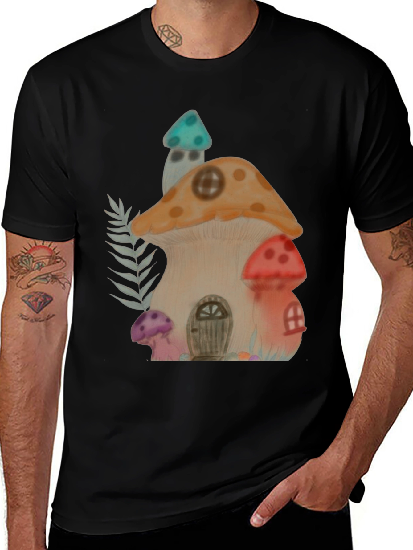 Variant 17 of Whimsical Mushroom House Graphic Tee - Unique Design