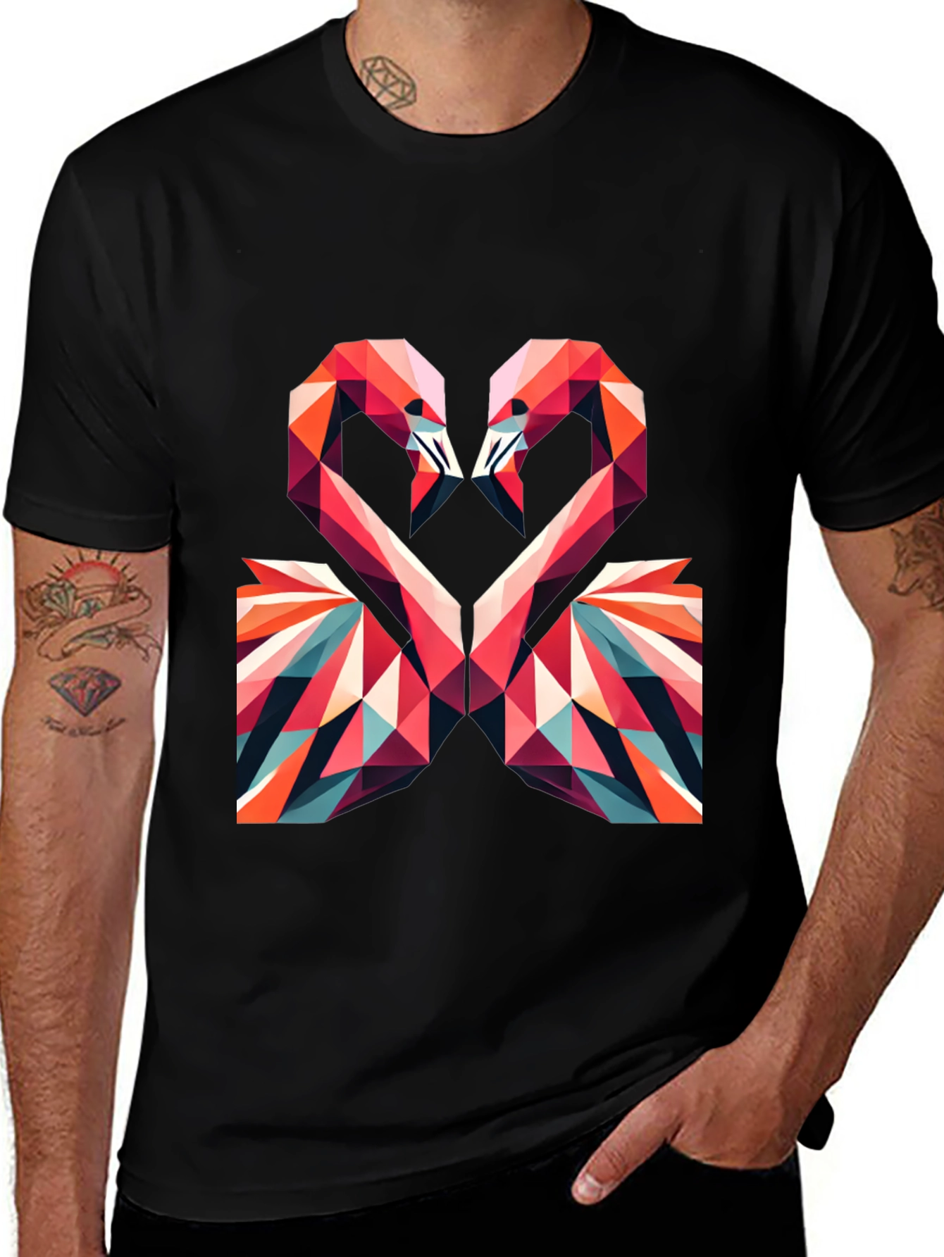 Variant 26 of Geometric Flamingo Heart Graphic Tee - Black