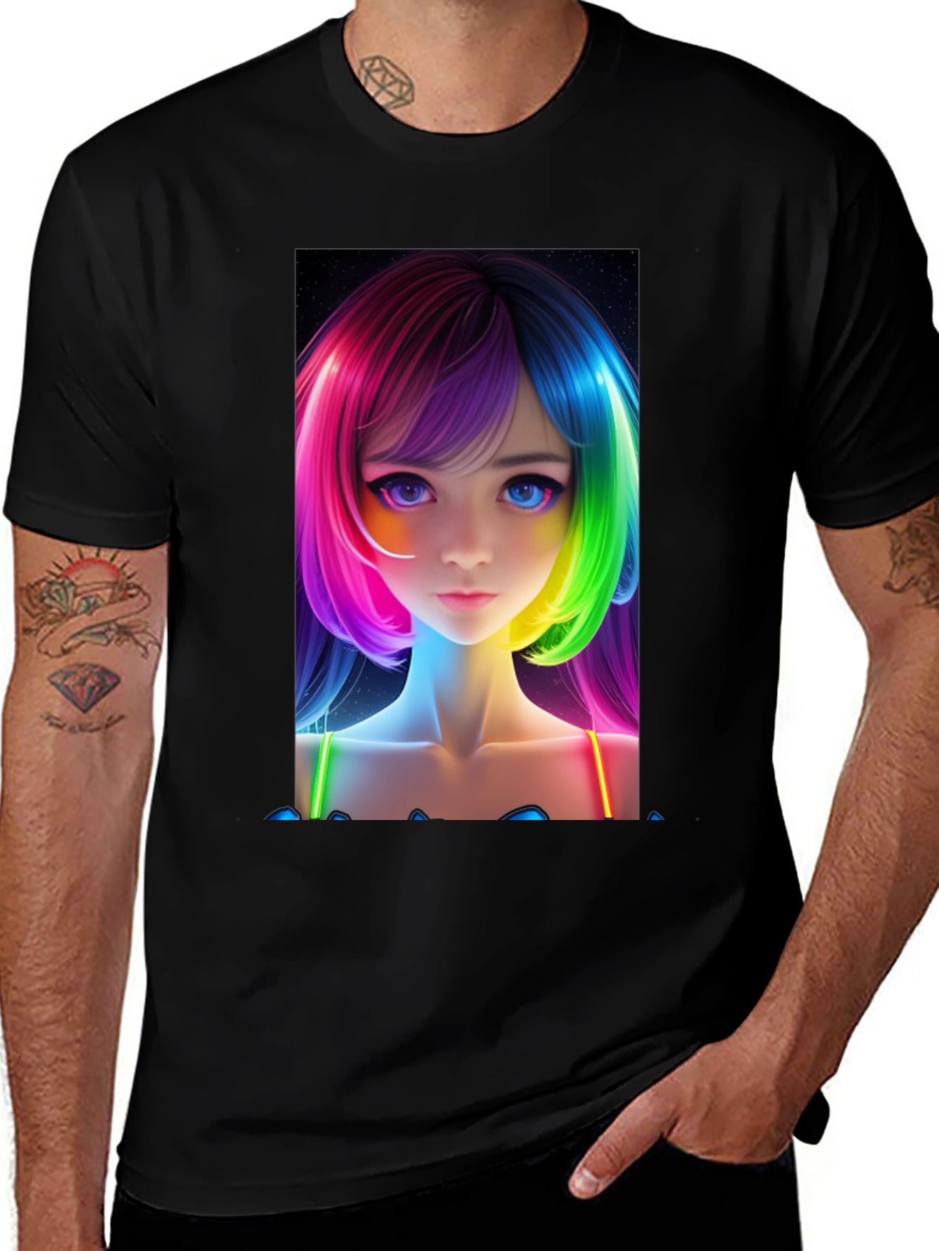 Variant 29 of Anime Girl Rainbow Hair Black T-Shirt