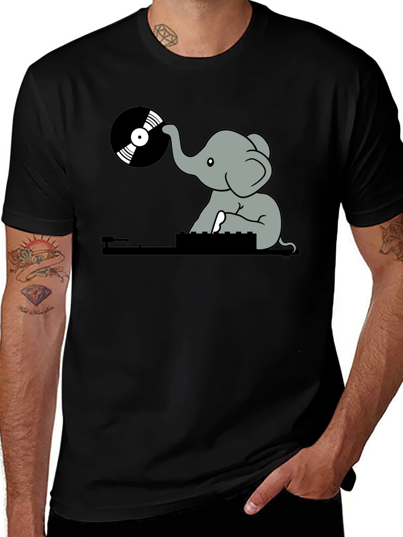 Variant 7 of DJ Elephant Graphic T-Shirt - Black Cotton Tee