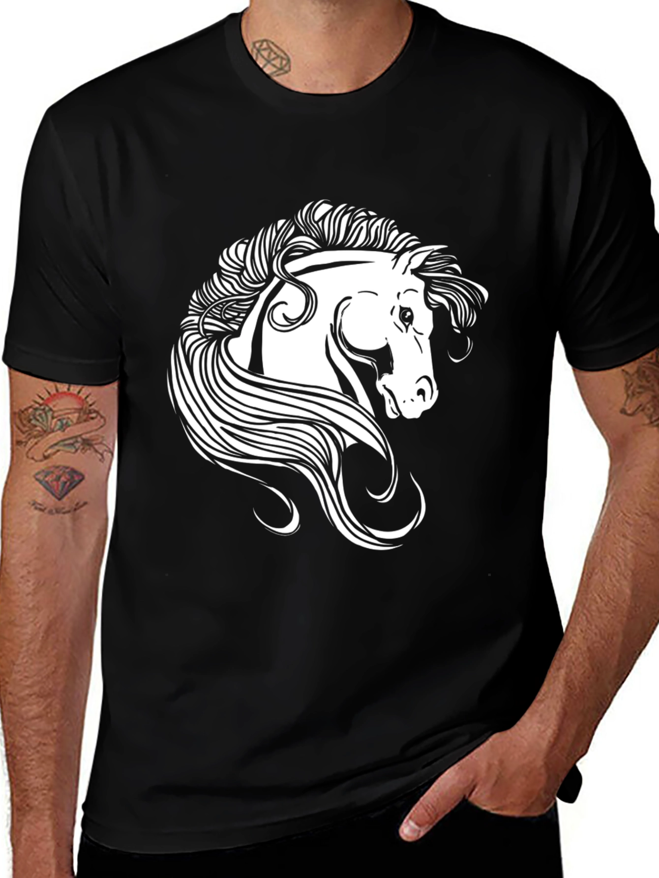 Variant 8 of Black T-Shirt with White Horse Graphic