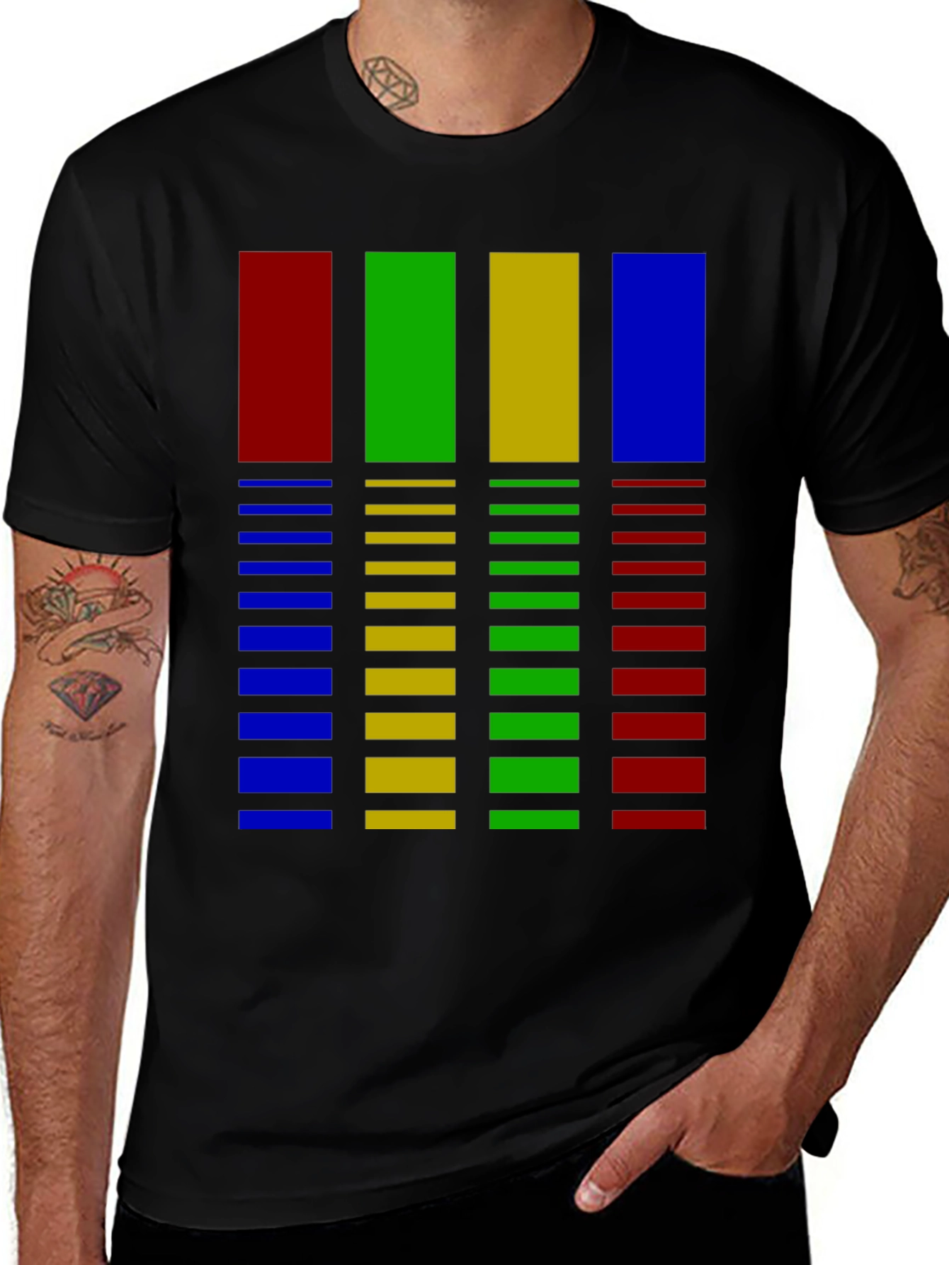 Retro RGBY Barcode Graphic Tee - Men's Black T-Shirt