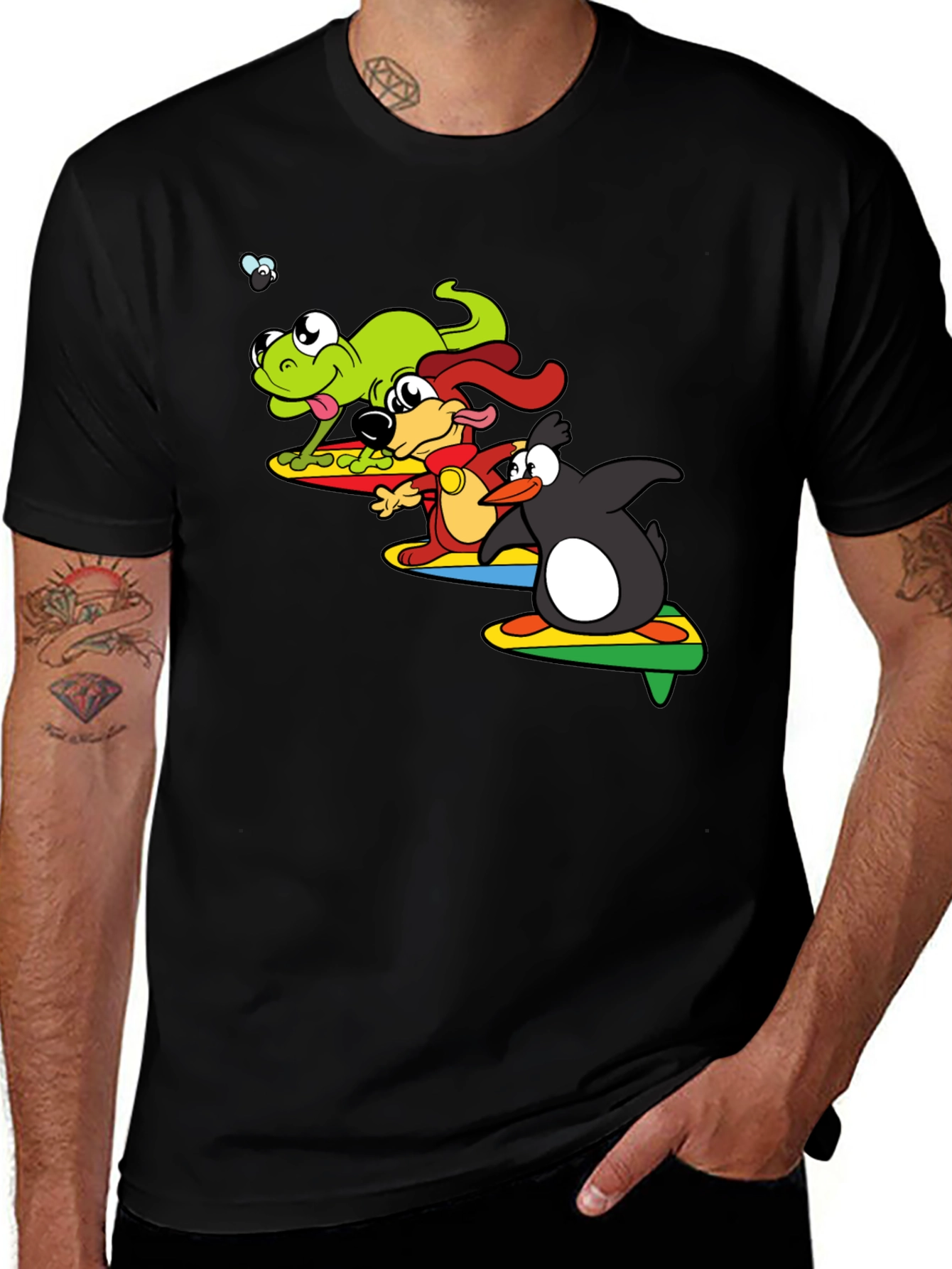 Variant 23 of Frog Dog Penguin Surfing Cartoon T-Shirt