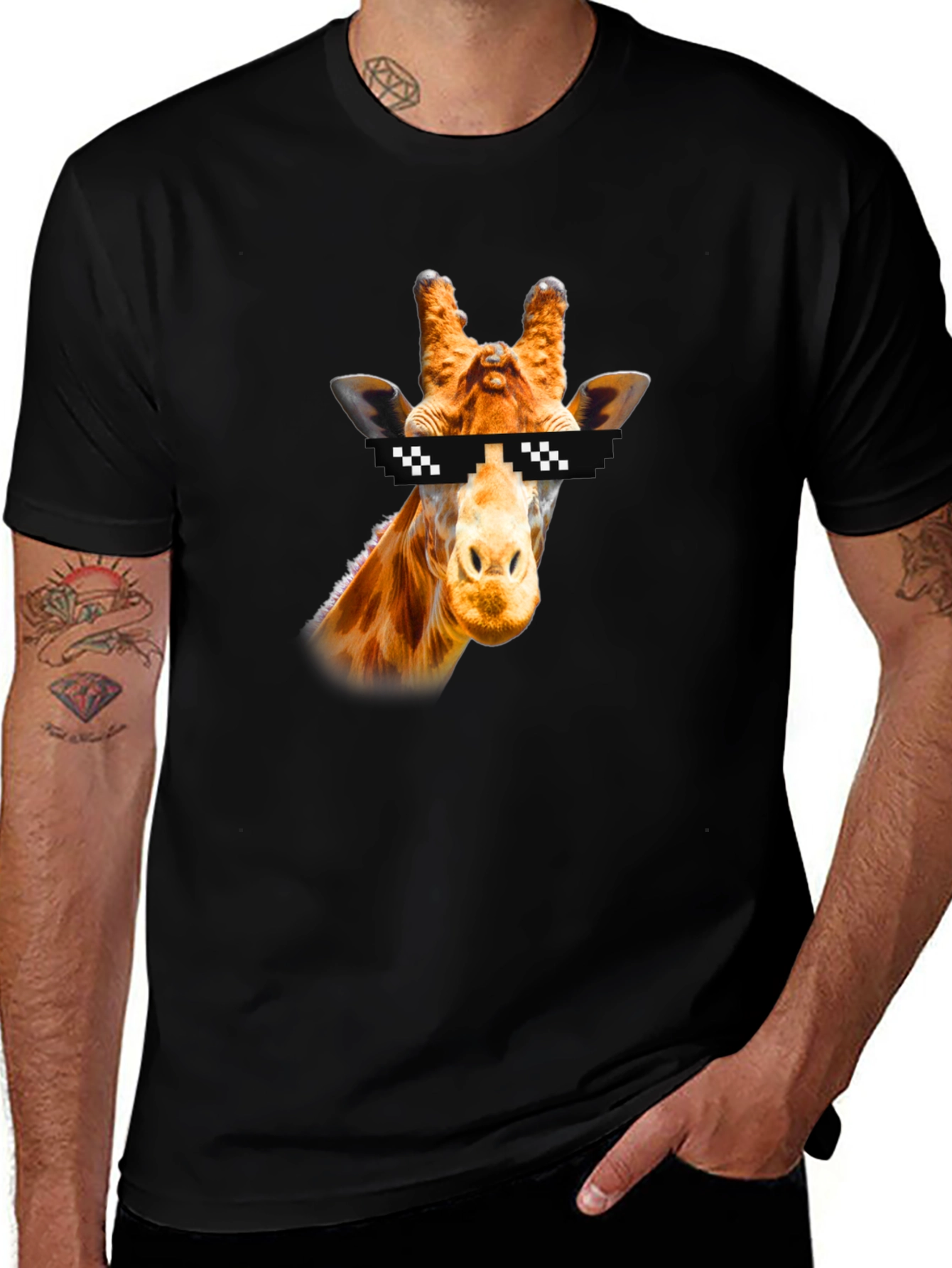 Variant 2 of Cool Giraffe Pixel Sunglasses Black T-Shirt