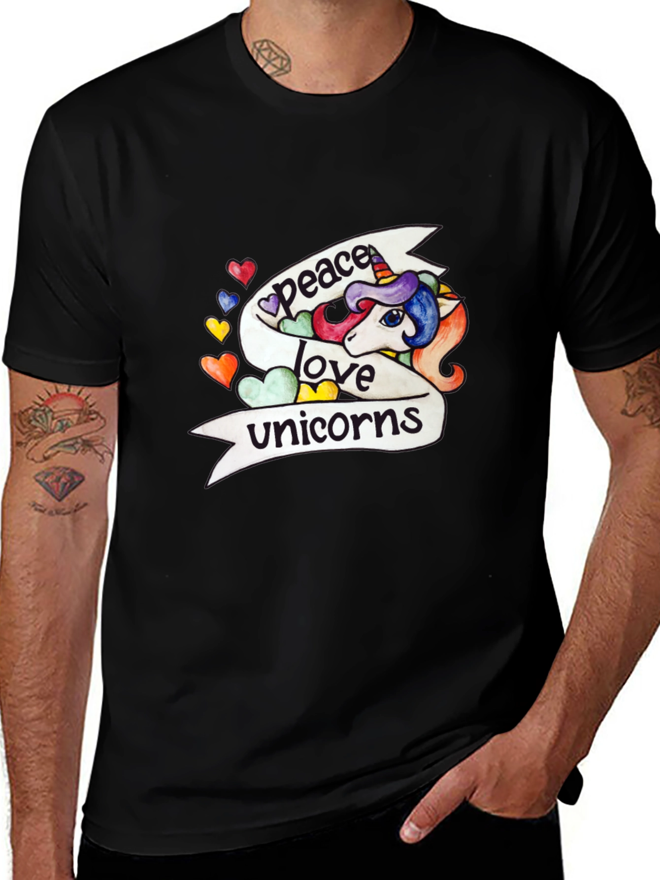 Peace Love Unicorns Graphic Tee - Black Cotton T-Shirt