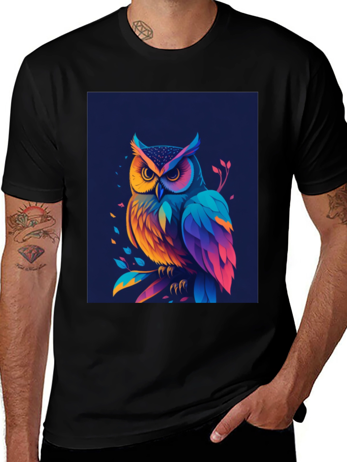 Variant 12 of Colorful Owl Graphic Tee - Men's Black T-Shirt