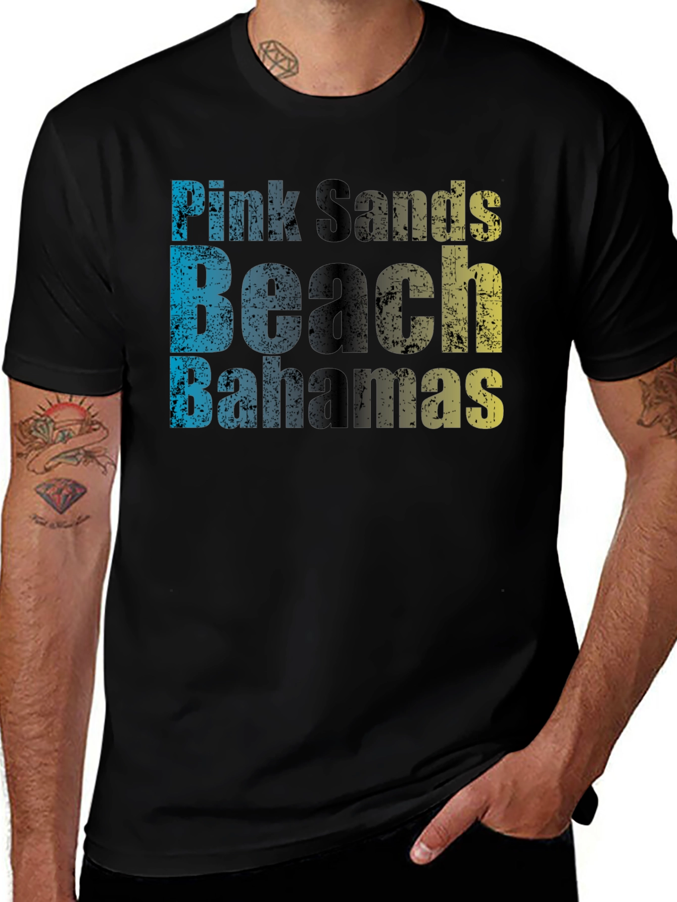 Pink Sands Beach Bahamas Men's Black T-Shirt