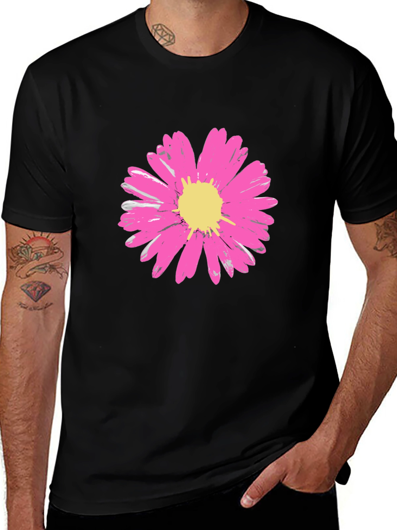 Black Daisy Flower Graphic Tee - Stylish Black Cotton T-Shirt main image