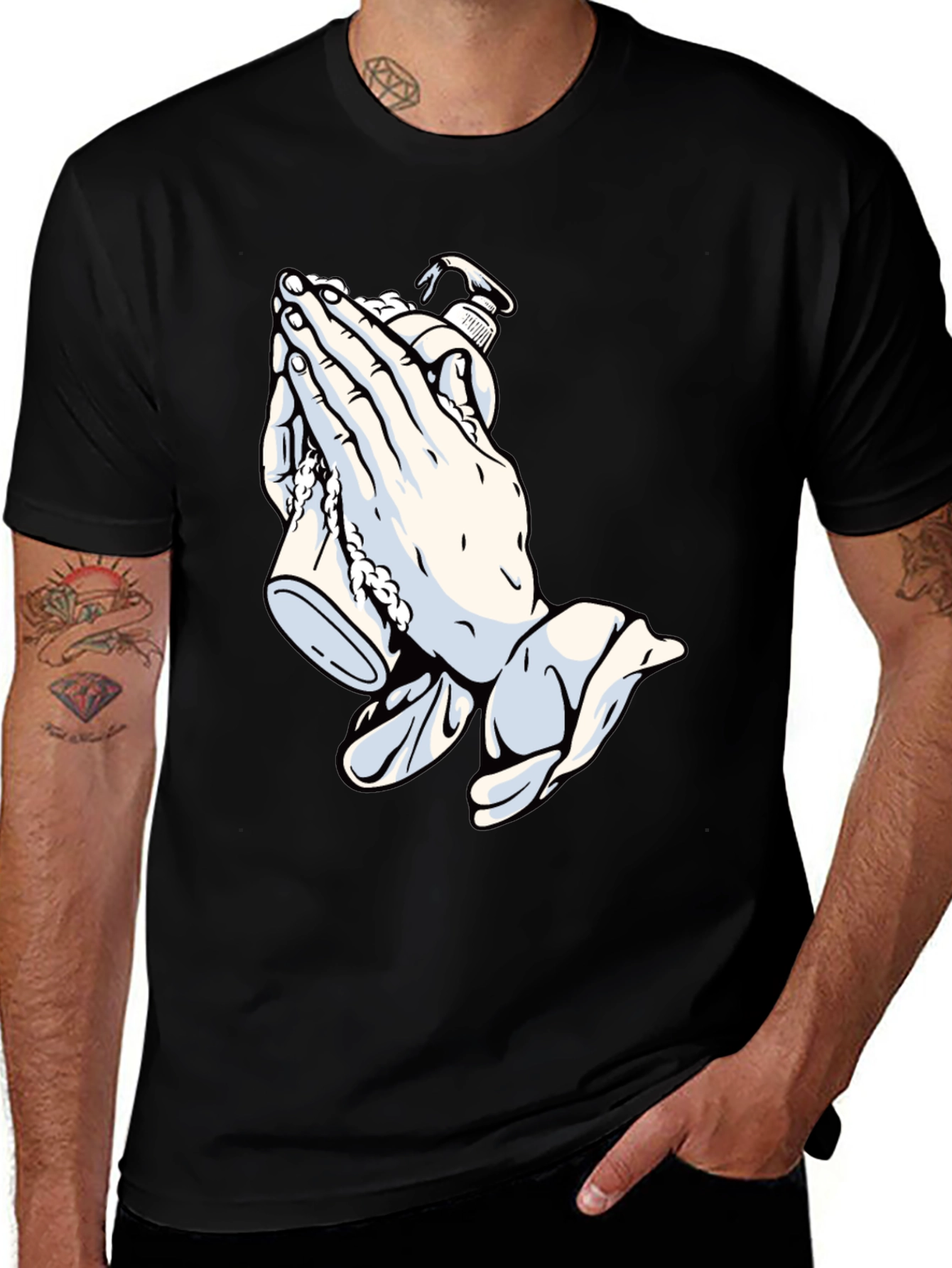 Variant 16 of Praying Hands & Sanitizer Black Graphic Tee