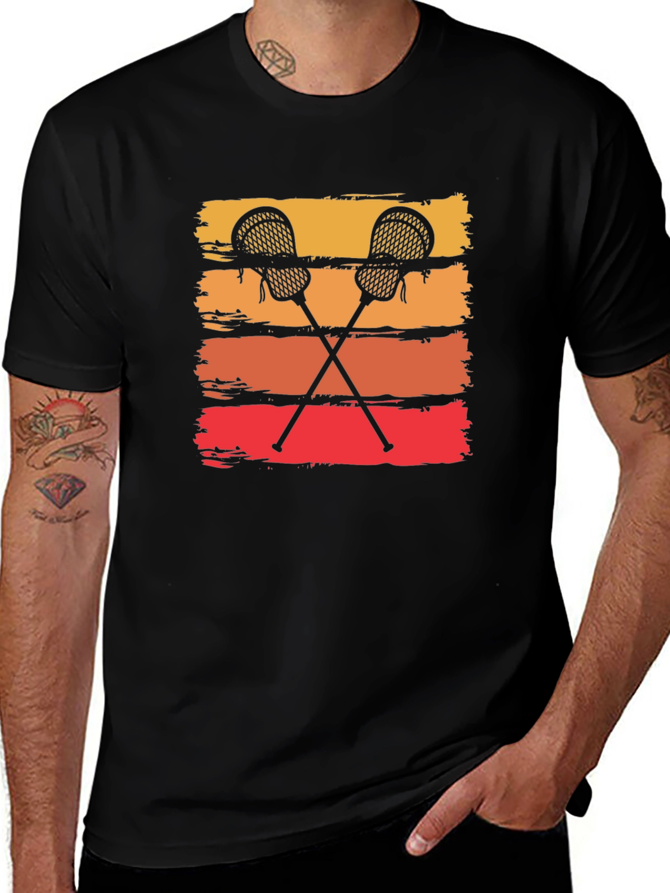 Retro Lacrosse Sticks Tee - Sunset Stripes Graphic T-Shirt