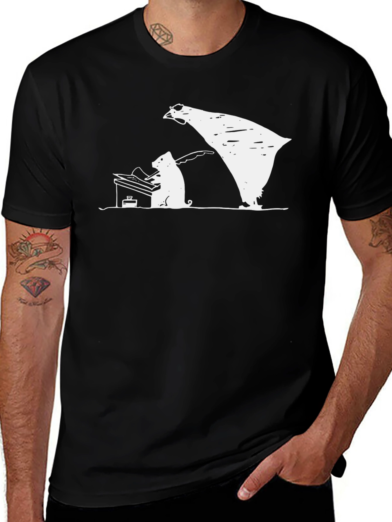 Variant 13 of Black T-Shirt with Piano Playing Cat Design