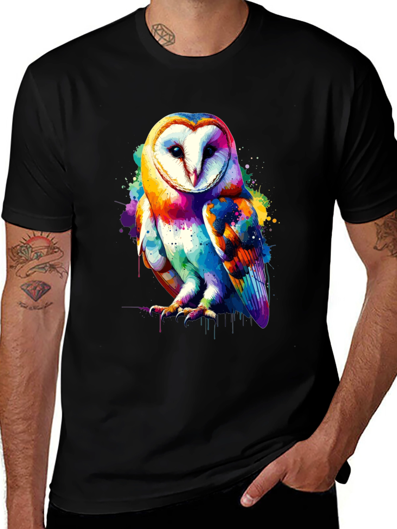 Variant 22 of Colorful Owl Graphic Print Black T-Shirt