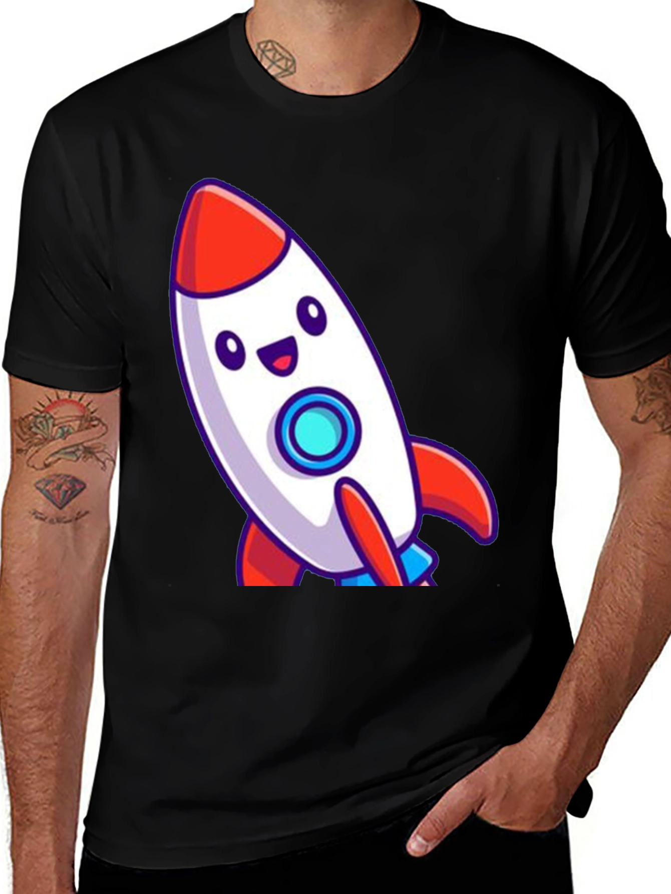 Variant 28 of Cute Cartoon Rocket T-Shirt - Black Cotton Blend