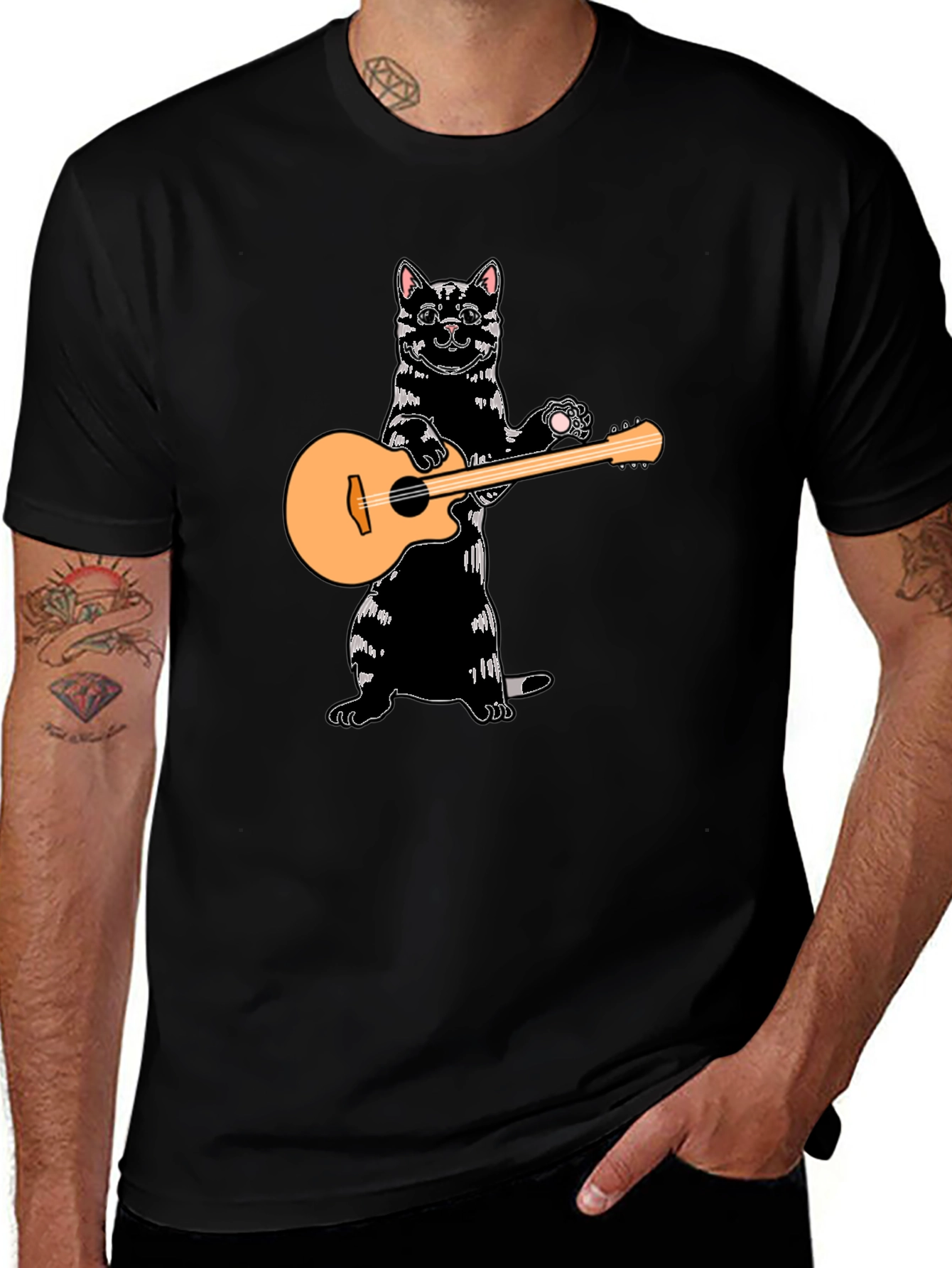 Variant 6 of Cat Playing Guitar Black T-Shirt