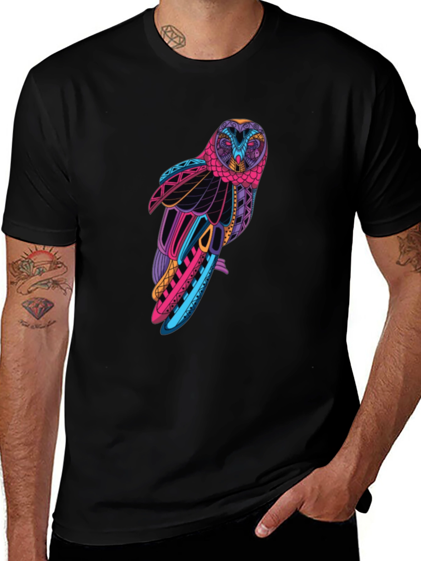 Variant 3 of Vibrant Owl Graphic Tee - Men's Black T-Shirt