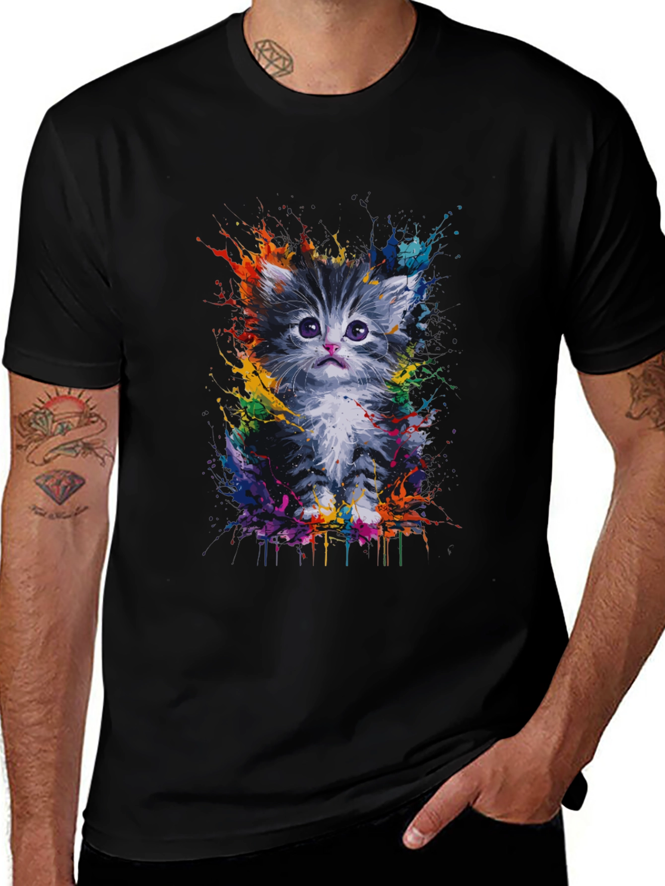 Variant 16 of Kitten Rainbow Splash Graphic Black T-Shirt