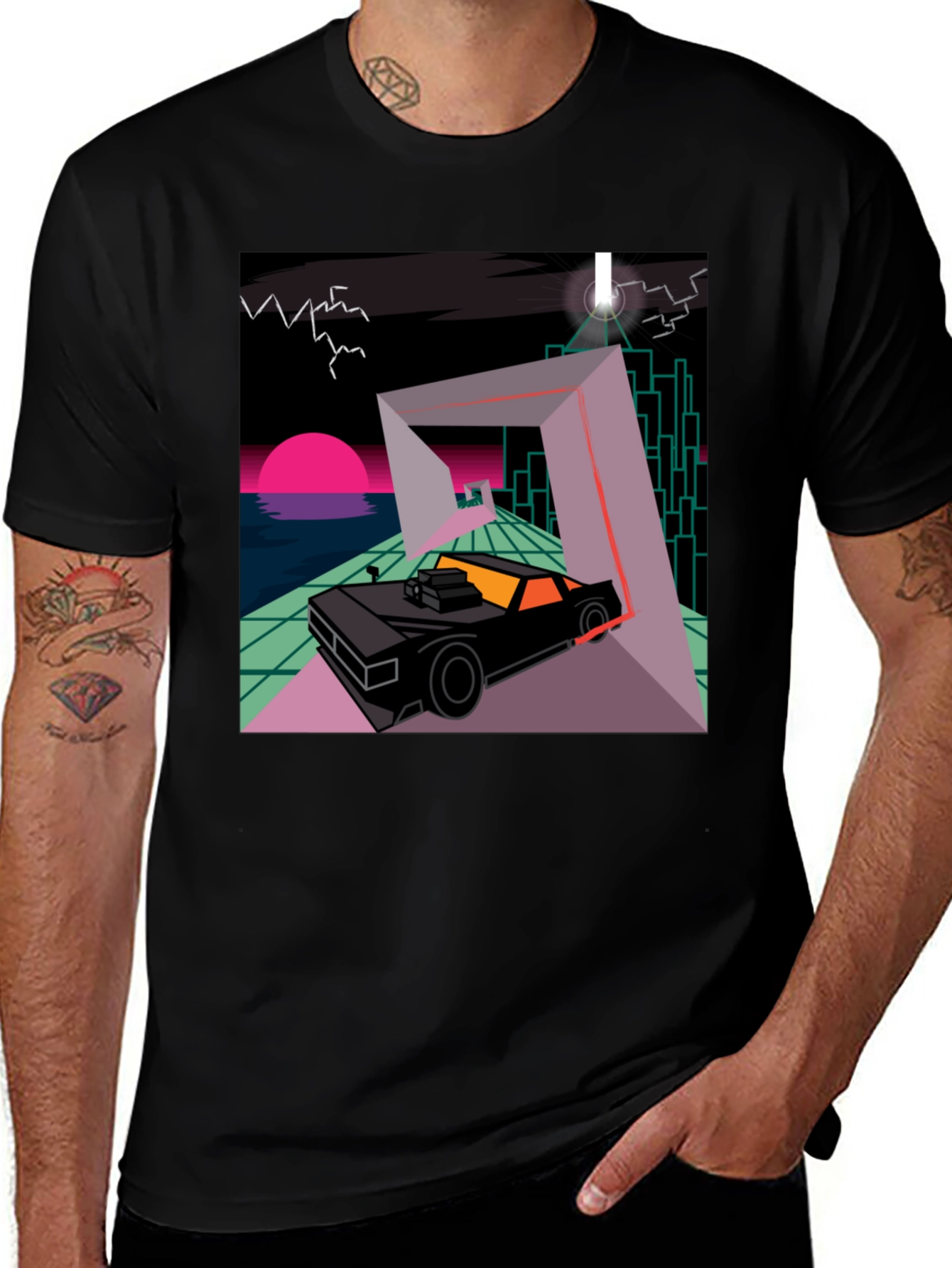 Black Retro Wave Car T-Shirt - Synthwave Design main image