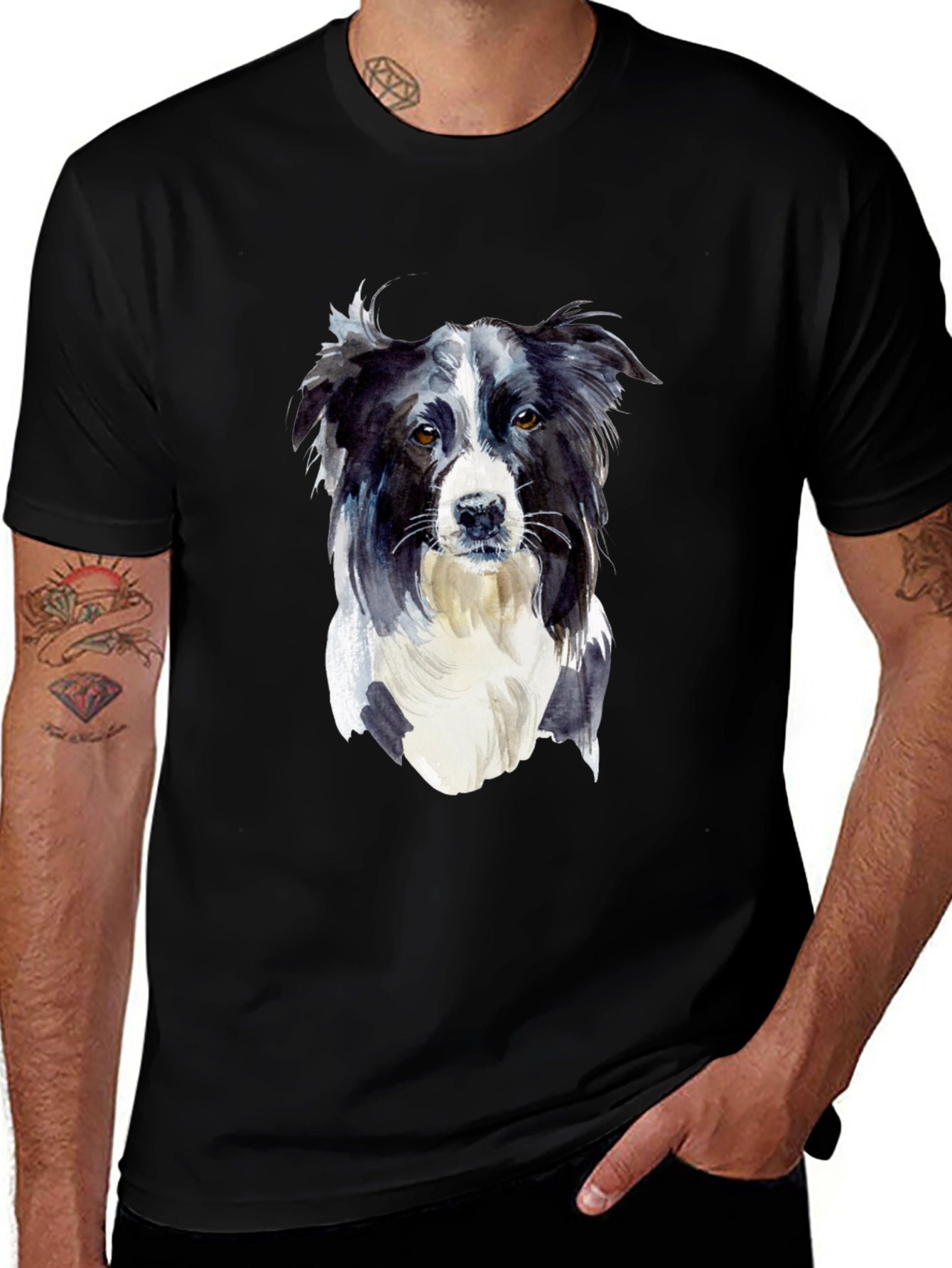 Border Collie Dog Watercolor Graphic Black T-Shirt