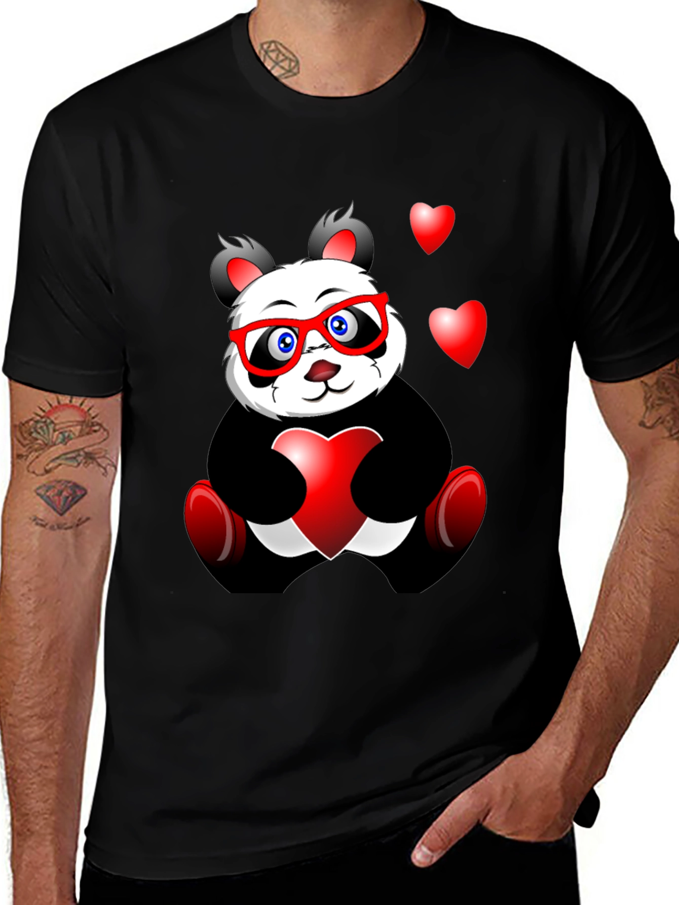 Variant 5 of Cute Panda Heart Graphic Black T-Shirt
