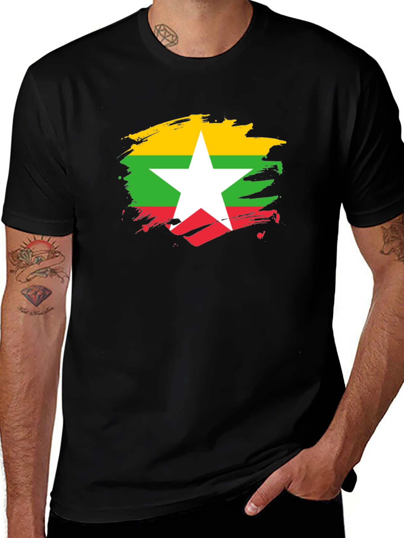 Variant 24 of Myanmar Flag Brushstroke Black T-Shirt