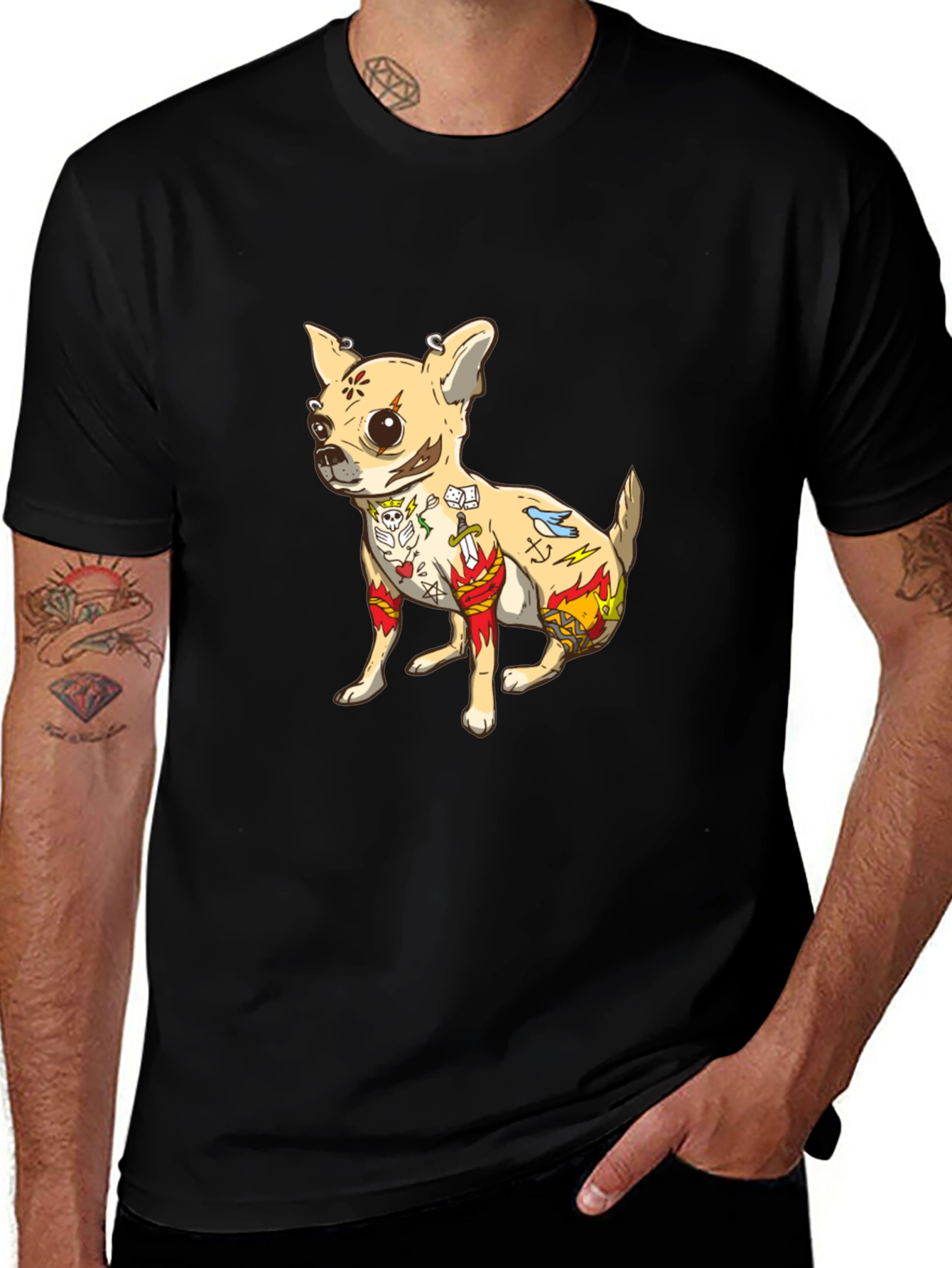 Tattooed Chihuahua Graphic Tee - Black Cotton T-Shirt