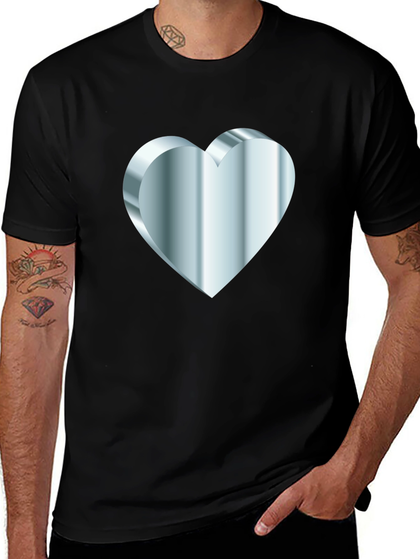 Variant 29 of Men's Black Tee with Silver 3D Heart Design