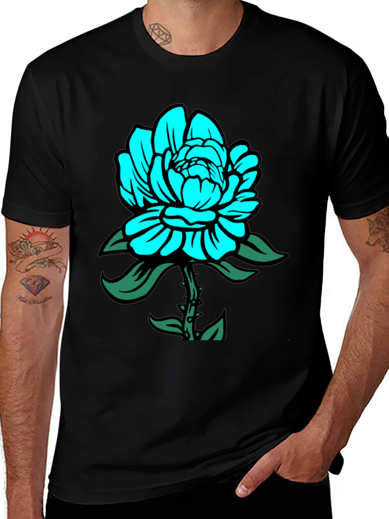 Variant 2 of Men's Black T-Shirt with Teal Floral Design