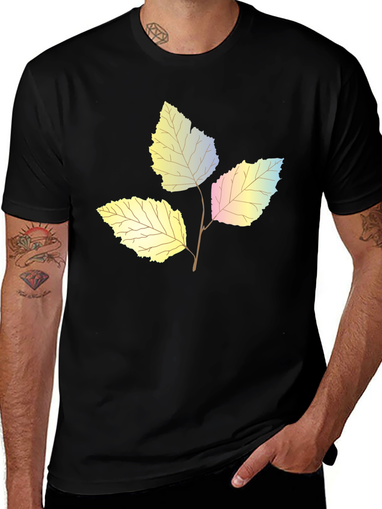 Variant 23 of Leaf Print Black Cotton T-Shirt