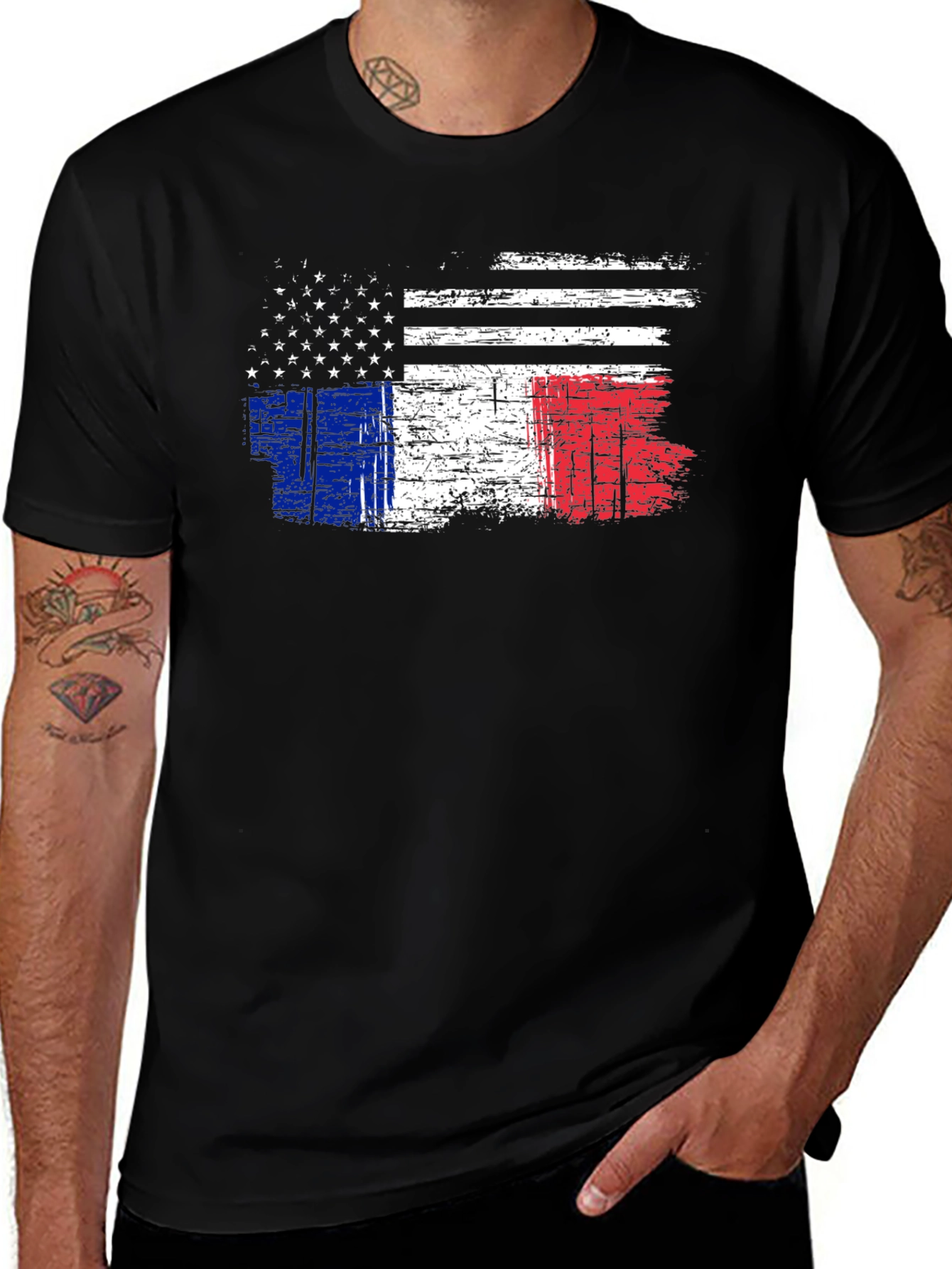 Variant 22 of USA & France Flag Graphic Black T-Shirt