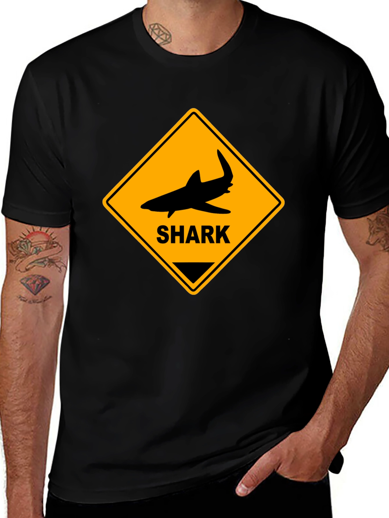 Variant 22 of Shark Warning Sign Graphic Tee - Black Cotton T-Shirt