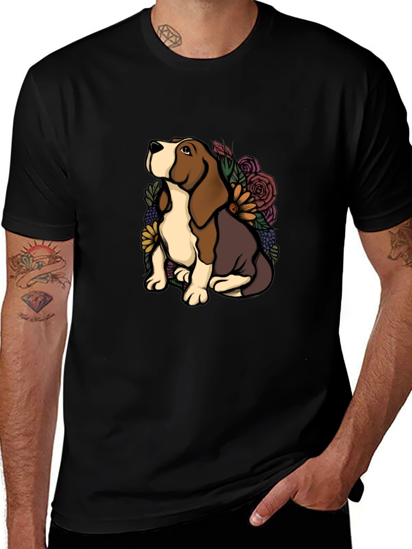 Variant 9 of Dog & Floral Graphic Tee - Black Cotton Blend