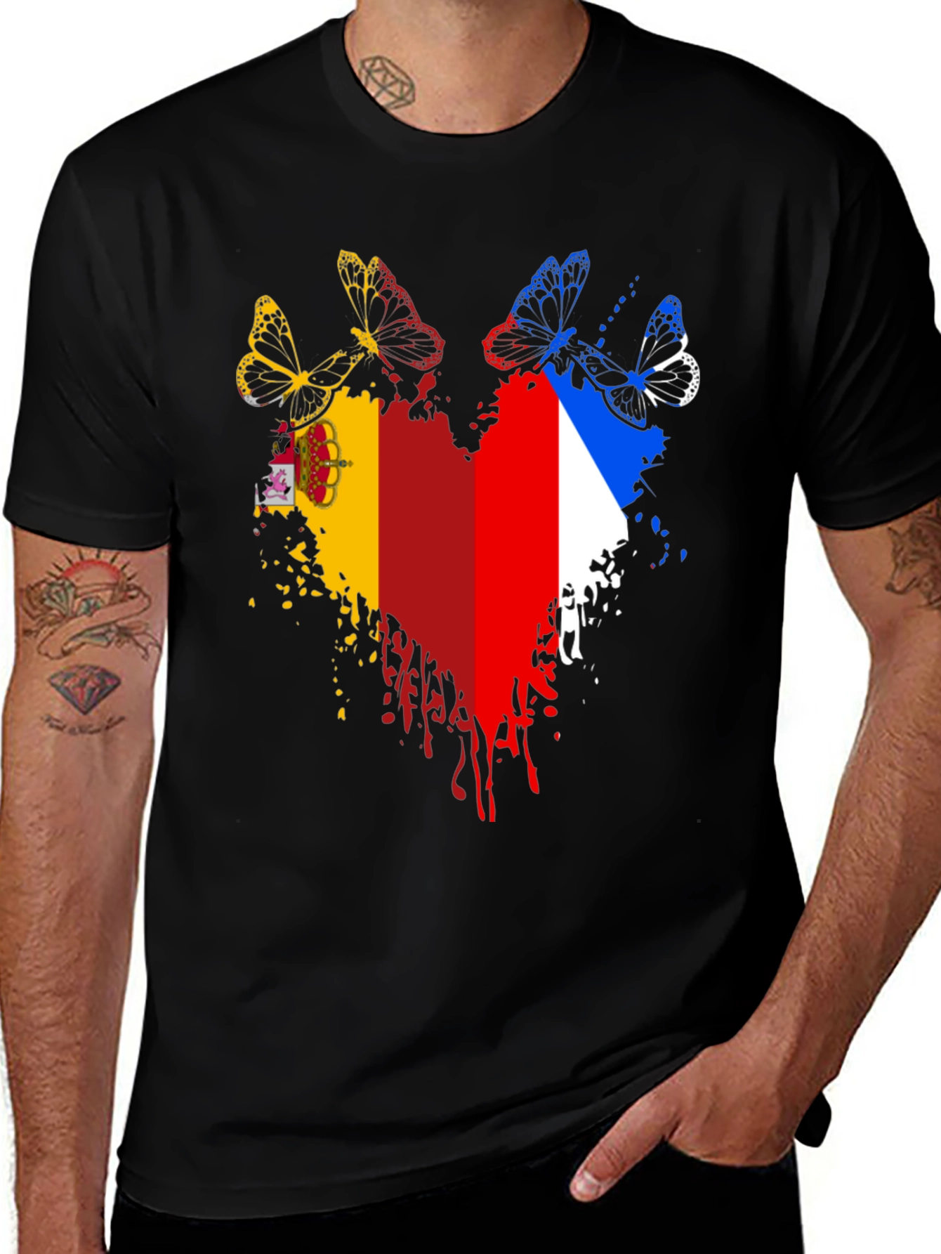 Variant 20 of Spain France Flag Heart Butterfly Men's Graphic T-Shirt
