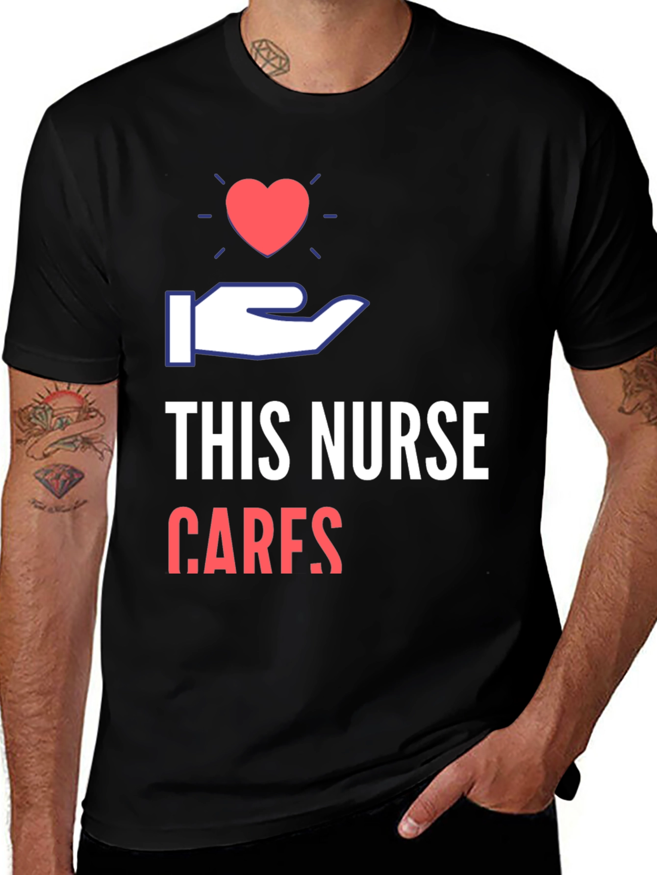 Variant 25 of Nurse Cares T-Shirt - Heart Graphic Black Tee