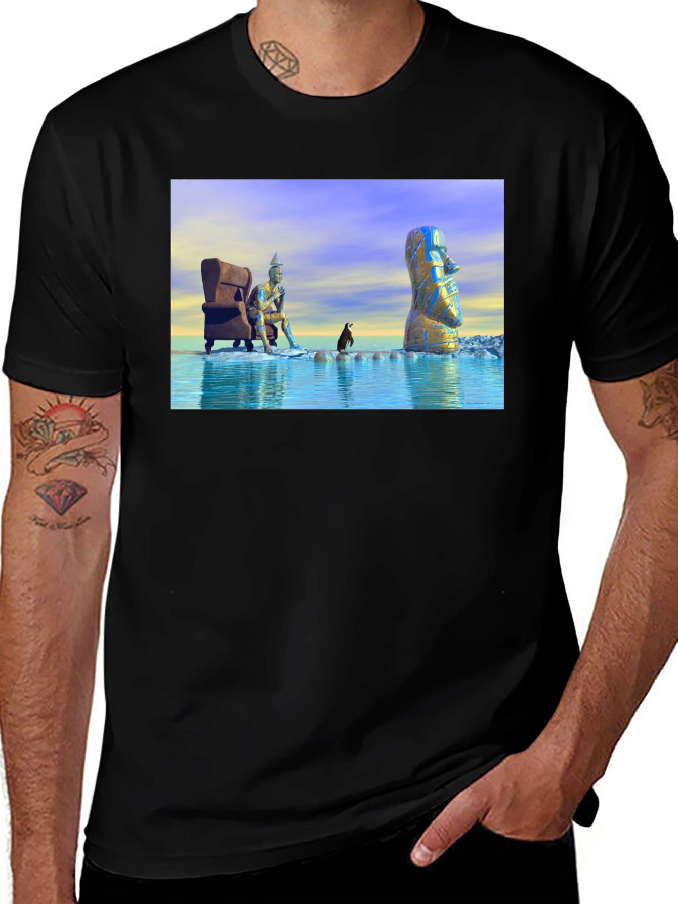 Variant 5 of Surreal Art T-Shirt: Moai, Thinker, Penguin