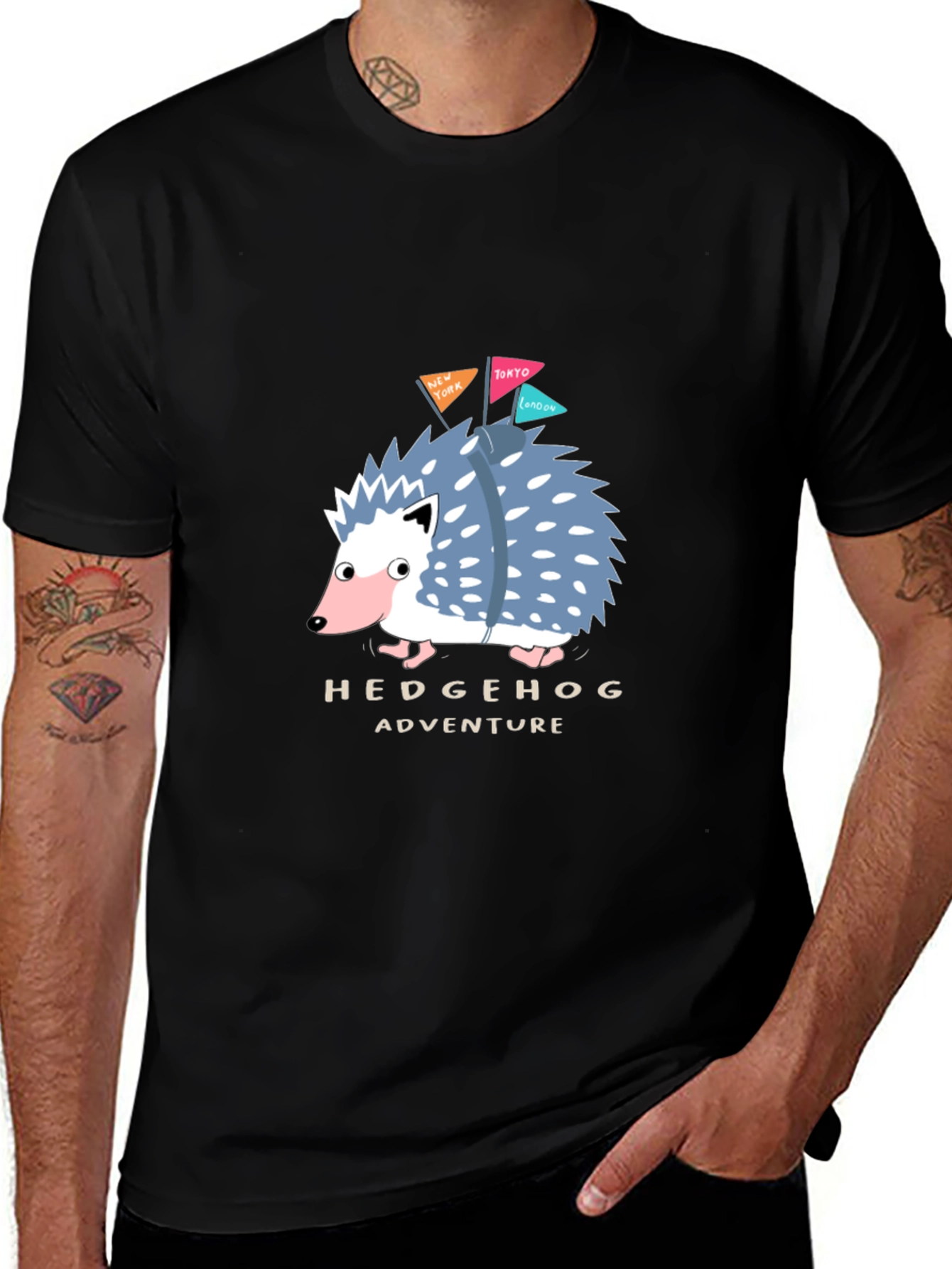 Variant 6 of Hedgehog Adventure Black T-Shirt - Travel Hedgehog
