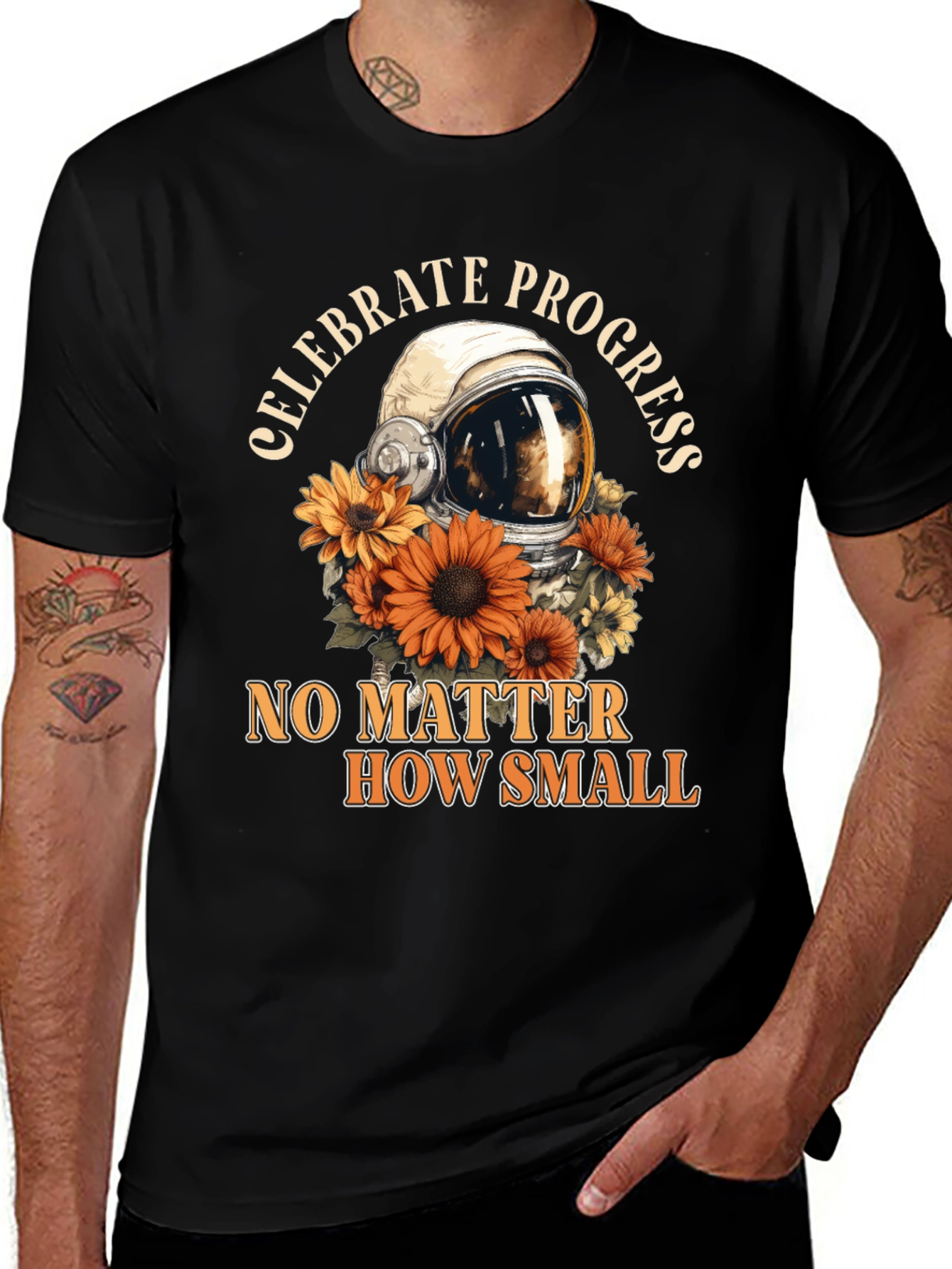 Variant 17 of Celebrate Progress Tee with Astronaut Helmet & Sunflowers