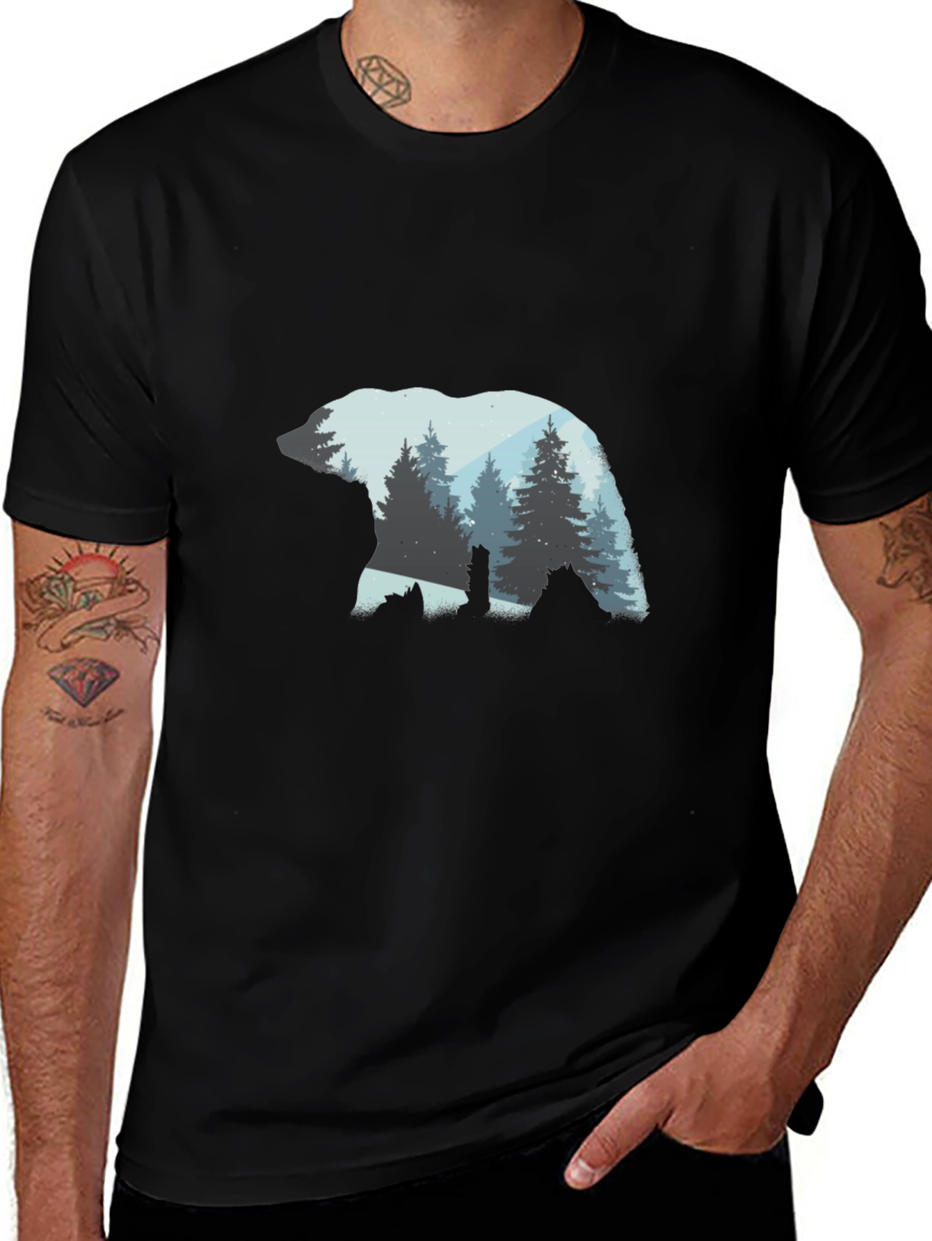 Variant 22 of Bear Silhouette Forest Graphic Tee - Black