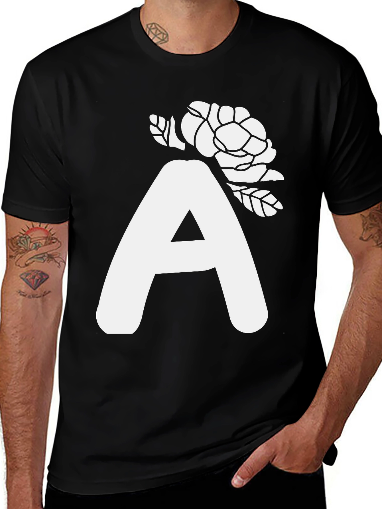 Black T-Shirt with White 'A' and Floral Design