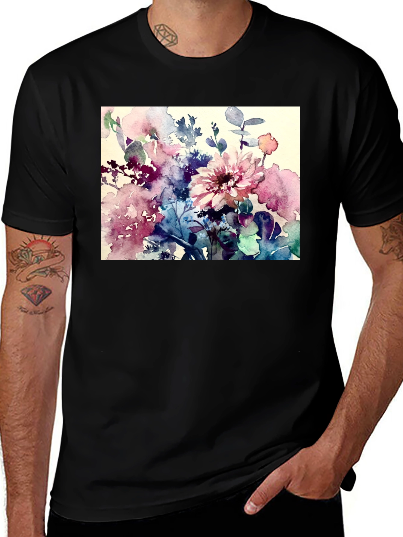 Variant 9 of Floral Watercolor T-Shirt - Artistic Black Tee