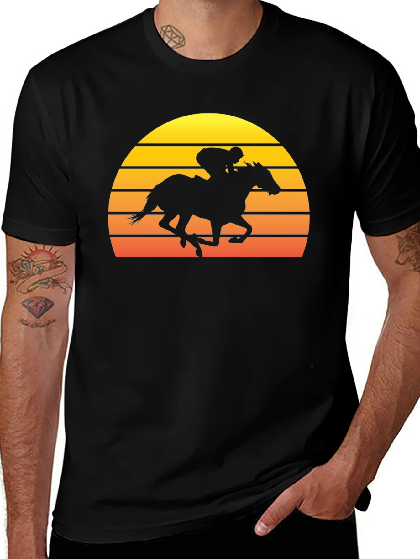 Variant 6 of Retro Sunset Horse Racing Graphic T-Shirt