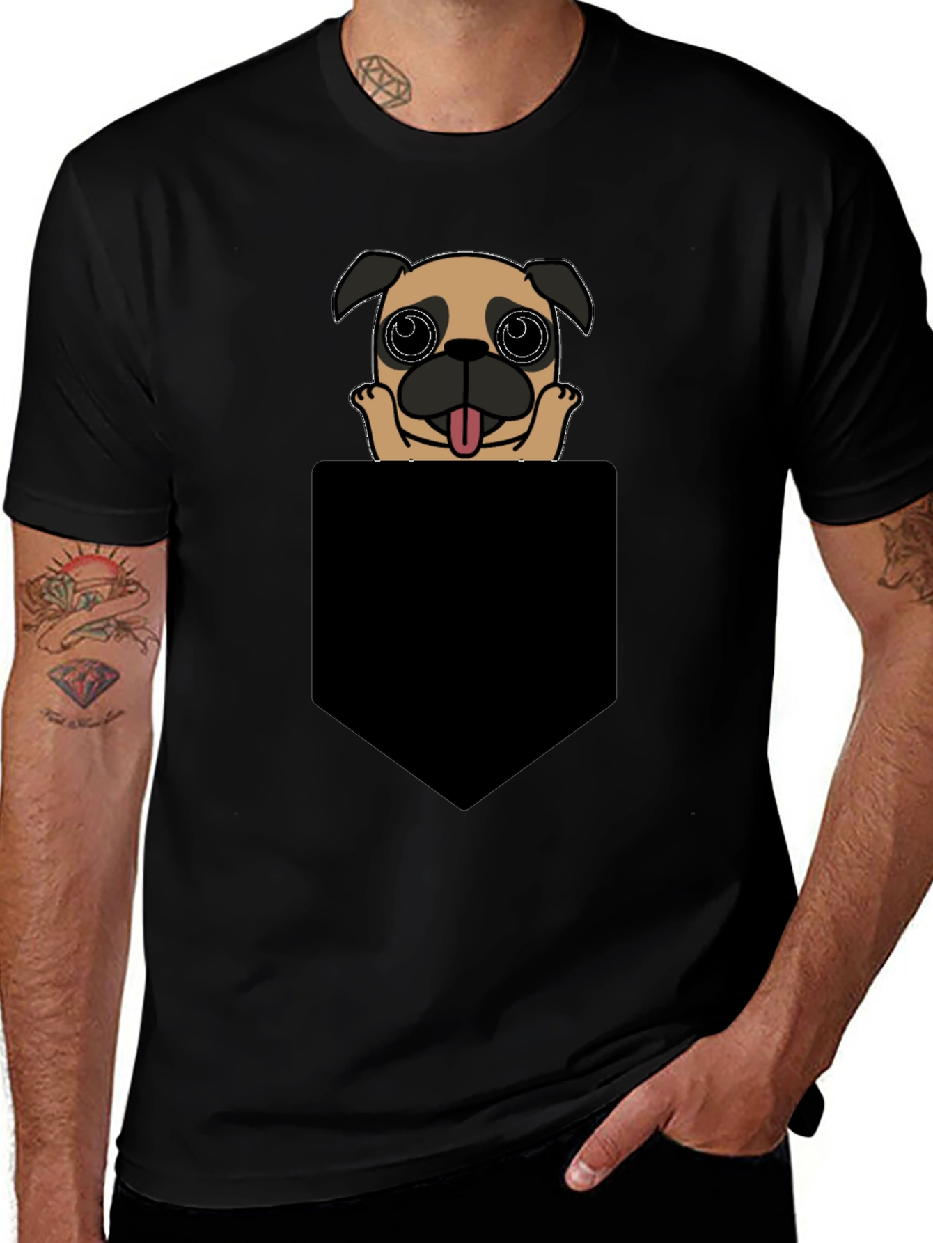Variant 25 of Pug in Pocket Graphic Tee - Black Cotton Casual T-Shirt