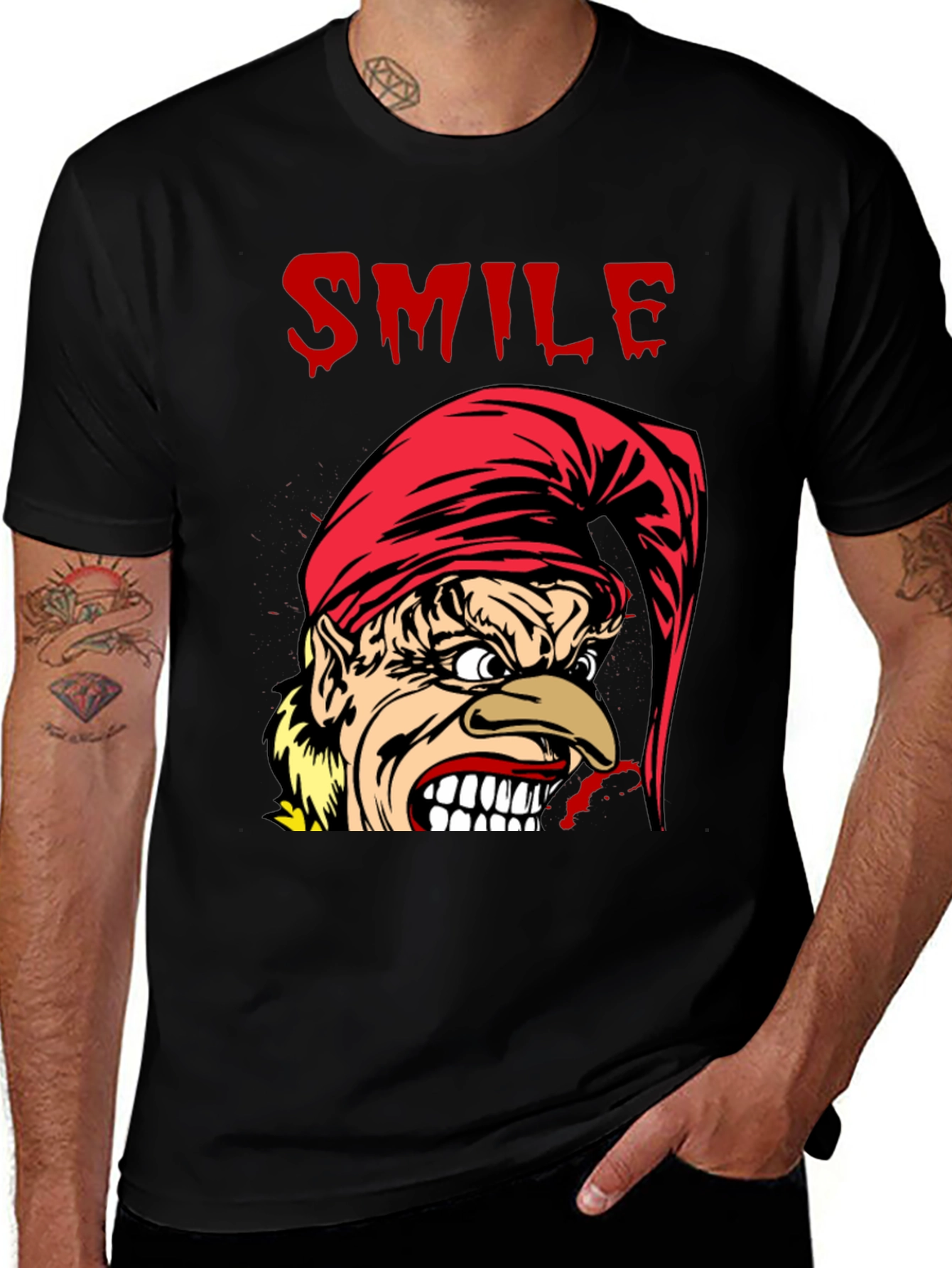 Variant 2 of Creepy Cartoon Elf Smile Graphic Black T-Shirt