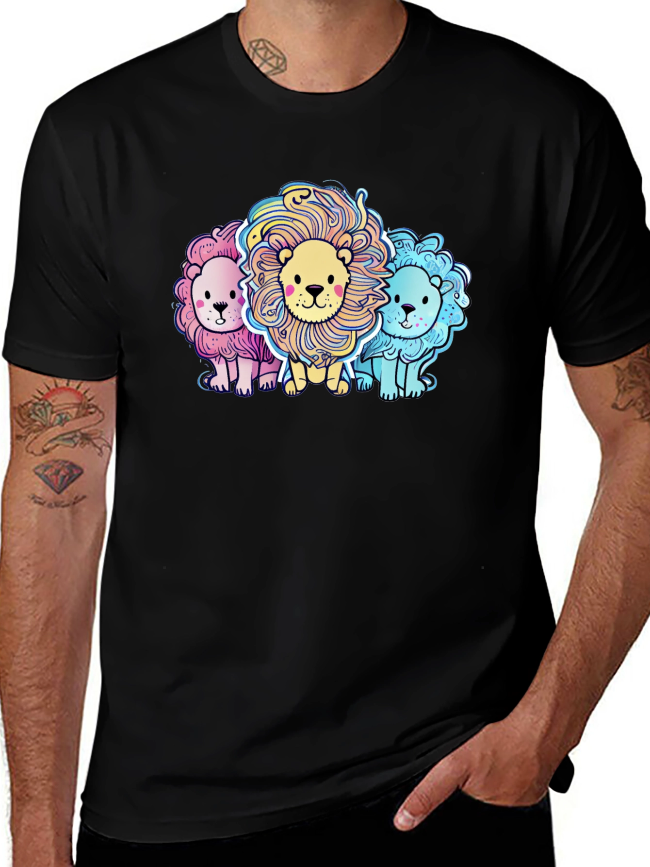 Black Cute Cartoon Lions Graphic Tee main image